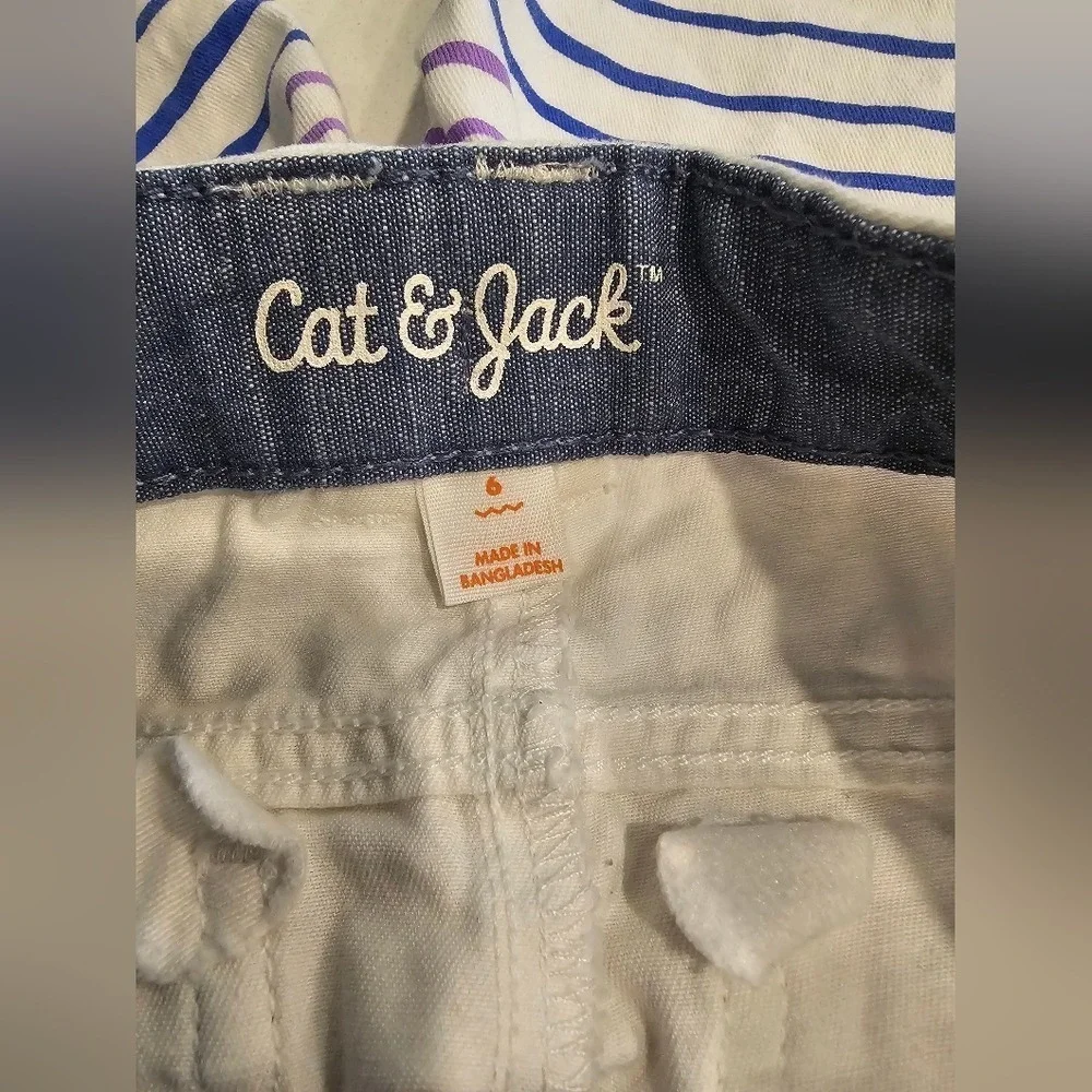 Kid's sz 6 White Denim Shark Pizza‎ Graphic Striped Chino Shorts Animal Beach